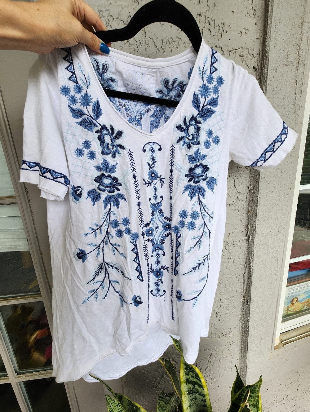 Caite White Women's Embroidered V-Neck Top with Blue Floral Detail